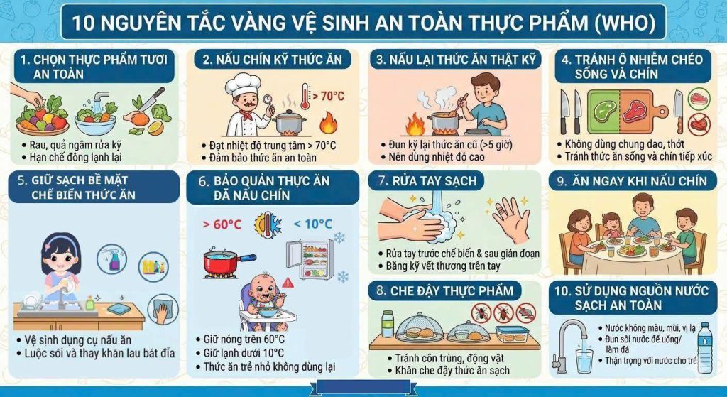 10 NGUYÊN TẮC VÀNG CỦA TỔ CHỨC Y TẾ THẾ GIỚI (WHO) VỀ VỆ SINH AN TOÀN THỰC PHẨM